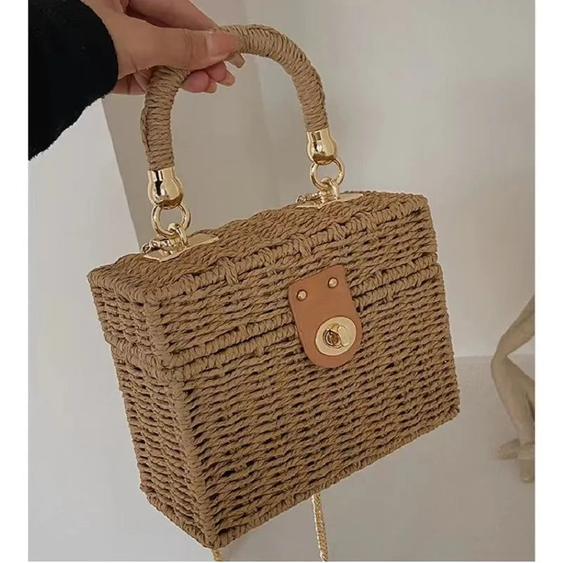 New rattan palha preta Bolsa de Ombro Mulheres mão-tecido Messenger Bag Summer Beach Square box Straw Handbag Para senhora Bolsa Feminina