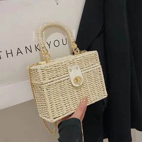 New rattan palha preta Bolsa de Ombro Mulheres mão-tecido Messenger Bag Summer Beach Square box Straw Handbag Para senhora Bolsa Feminina