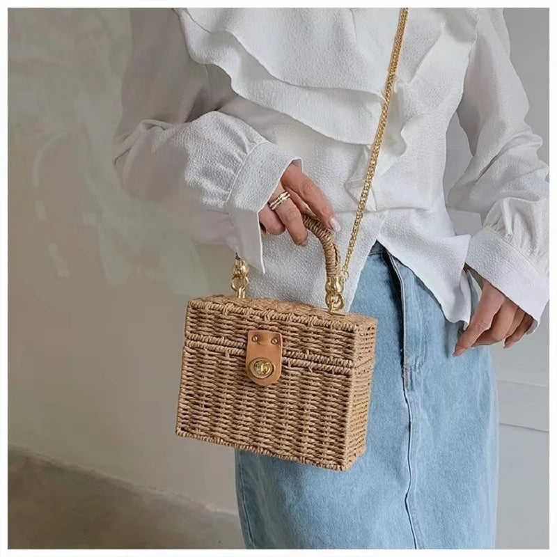 New rattan palha preta Bolsa de Ombro Mulheres mão-tecido Messenger Bag Summer Beach Square box Straw Handbag Para senhora Bolsa Feminina