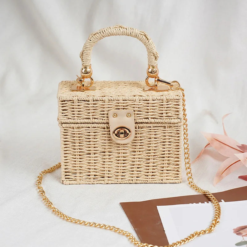 New rattan palha preta Bolsa de Ombro Mulheres mão-tecido Messenger Bag Summer Beach Square box Straw Handbag Para senhora Bolsa Feminina