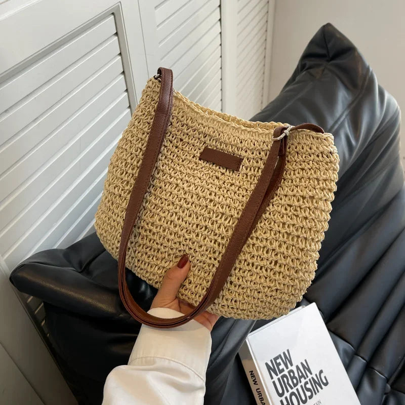 Bolsas boêmias de praia de palha para mulheres, alta capacidade, bolsa de ombro artesanal, bolsas de tecido casual, bolsa