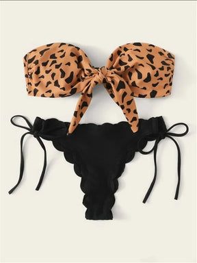 Sexy laço frontal feminino gravata Bandeau biquíni de praia, maiô leopardo, feminino push up, arco com babados maiô, tanga maiô, 2022