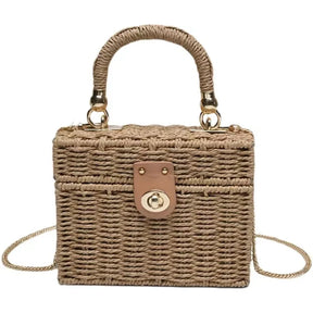 New rattan palha preta Bolsa de Ombro Mulheres mão-tecido Messenger Bag Summer Beach Square box Straw Handbag Para senhora Bolsa Feminina