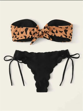 Sexy laço frontal feminino gravata Bandeau biquíni de praia, maiô leopardo, feminino push up, arco com babados maiô, tanga maiô, 2022