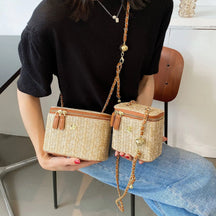 Mini balde de palha bolsa crossbody para mulher 2021 verão tecer bolsas de marca feminina e bolsas moda corrente simples sacos de ombro