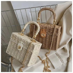 New rattan palha preta Bolsa de Ombro Mulheres mão-tecido Messenger Bag Summer Beach Square box Straw Handbag Para senhora Bolsa Feminina