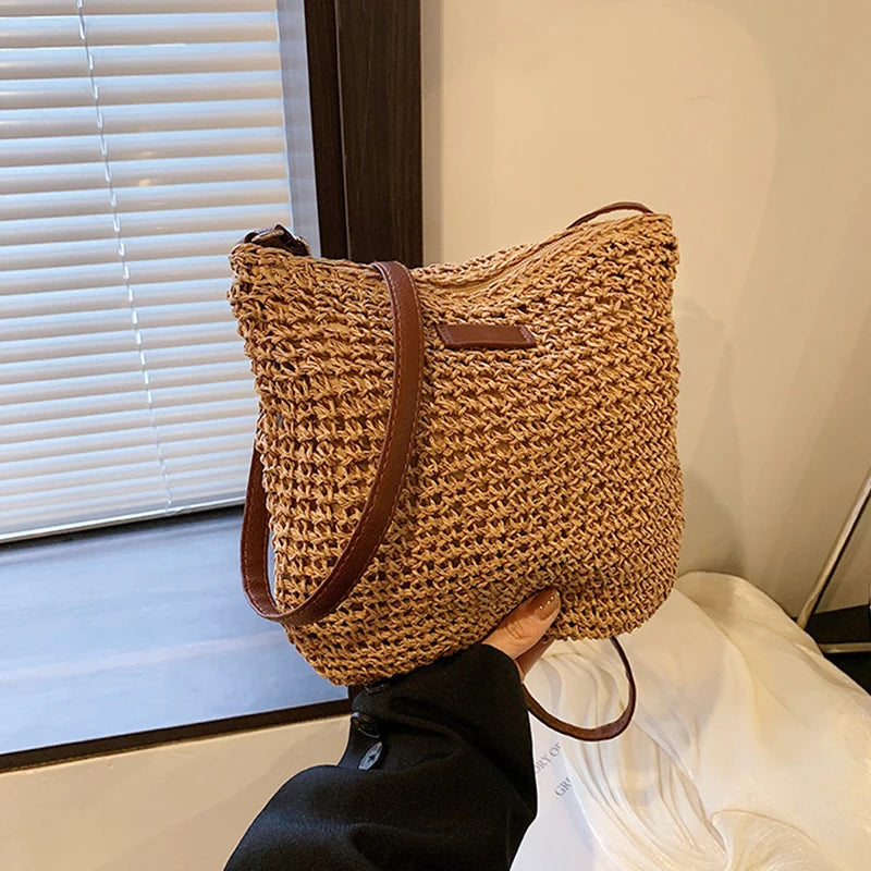 Bolsas boêmias de praia de palha para mulheres, alta capacidade, bolsa de ombro artesanal, bolsas de tecido casual, bolsa