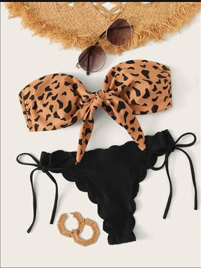 Sexy laço frontal feminino gravata Bandeau biquíni de praia, maiô leopardo, feminino push up, arco com babados maiô, tanga maiô, 2022